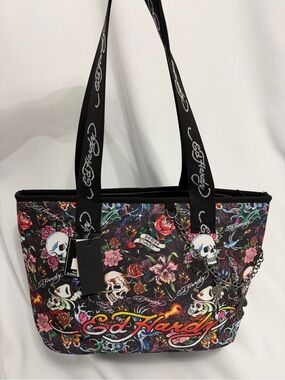 Ed Hardy Black Multicolor Floral Skull Tote